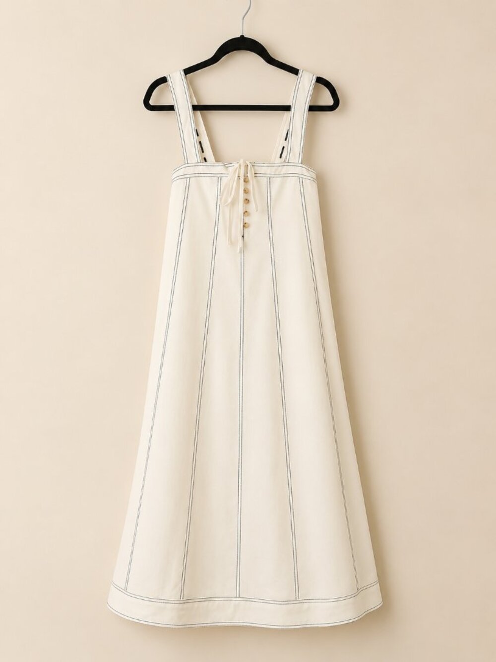 Coastal Luxury White Linen Tencel Blend Contrast Stitch Trapeze Maxi Dress - Picture 6 of 12